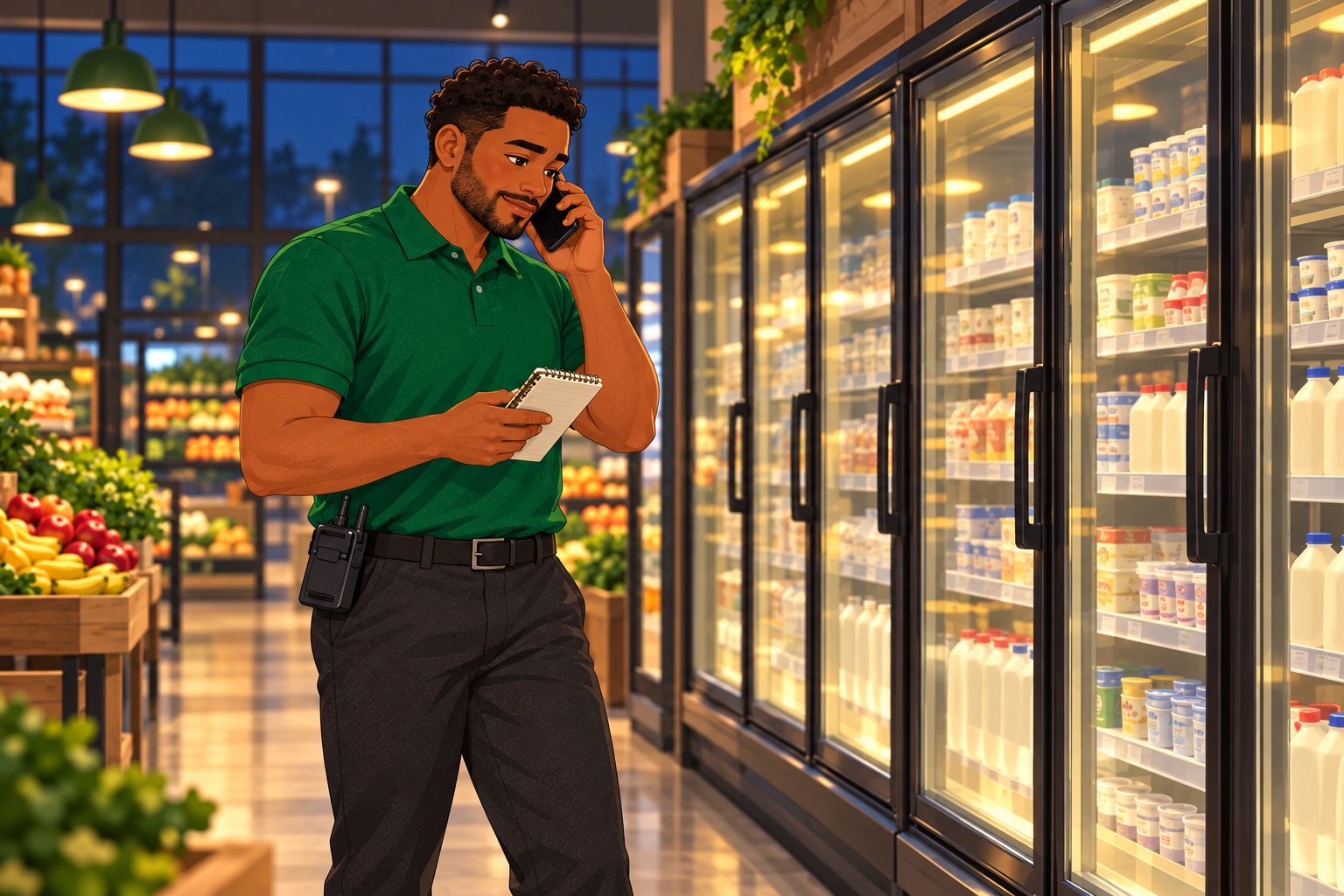A retail manager speaks to a service contact beside the dairy refrigeration cases.