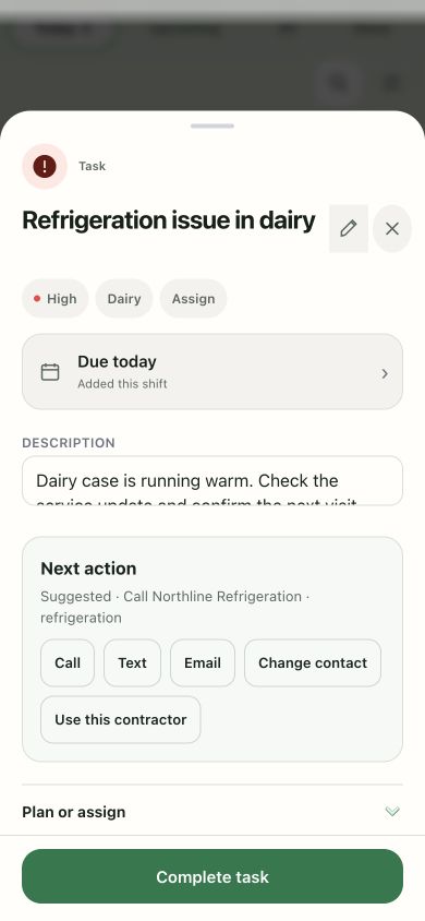 Dairy refrigeration task with a Northline saved-contact call suggestion