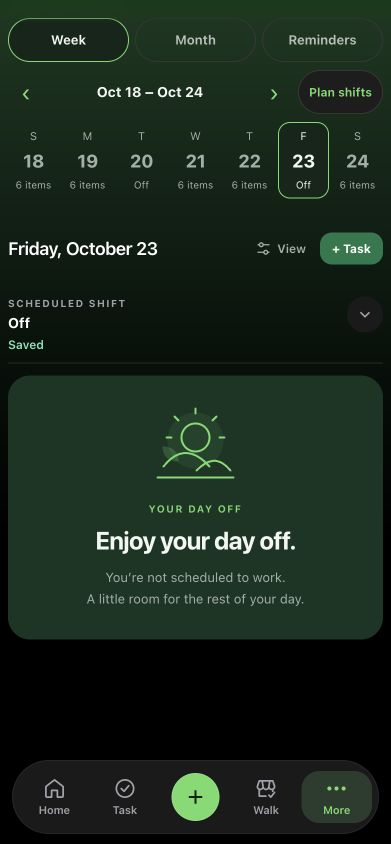 Actual Taldi dark-mode schedule showing a day off