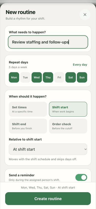 Taldi routine setup with shift-start timing and a reminder during the assigned person’s shift.