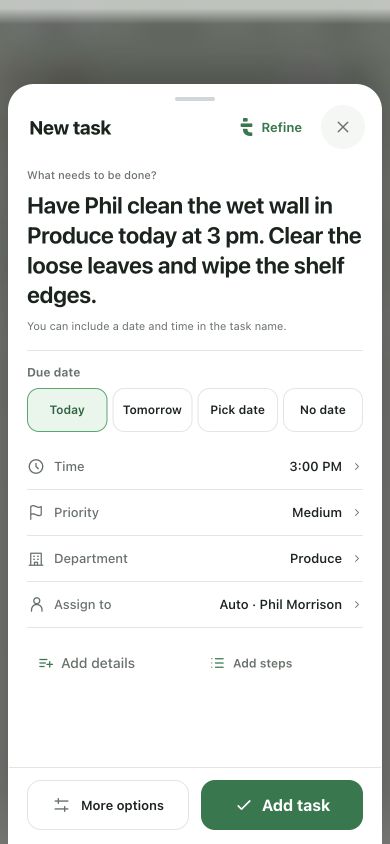 Task composer showing detected owner, department and timing